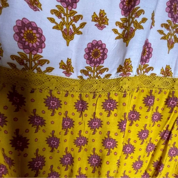 In Loom Floral Gold Yellow Purple Maxi Dress L BohoFestival SummerFairycore NWOT - Picture 10 of 15
